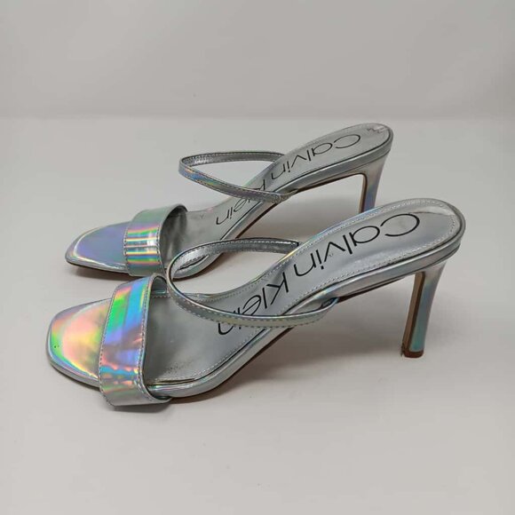 CALVIN KLEIN Silver Metallic Hologram 2-Strap Cocktail Heels Sandals SIZE 7M - Picture 1 of 5